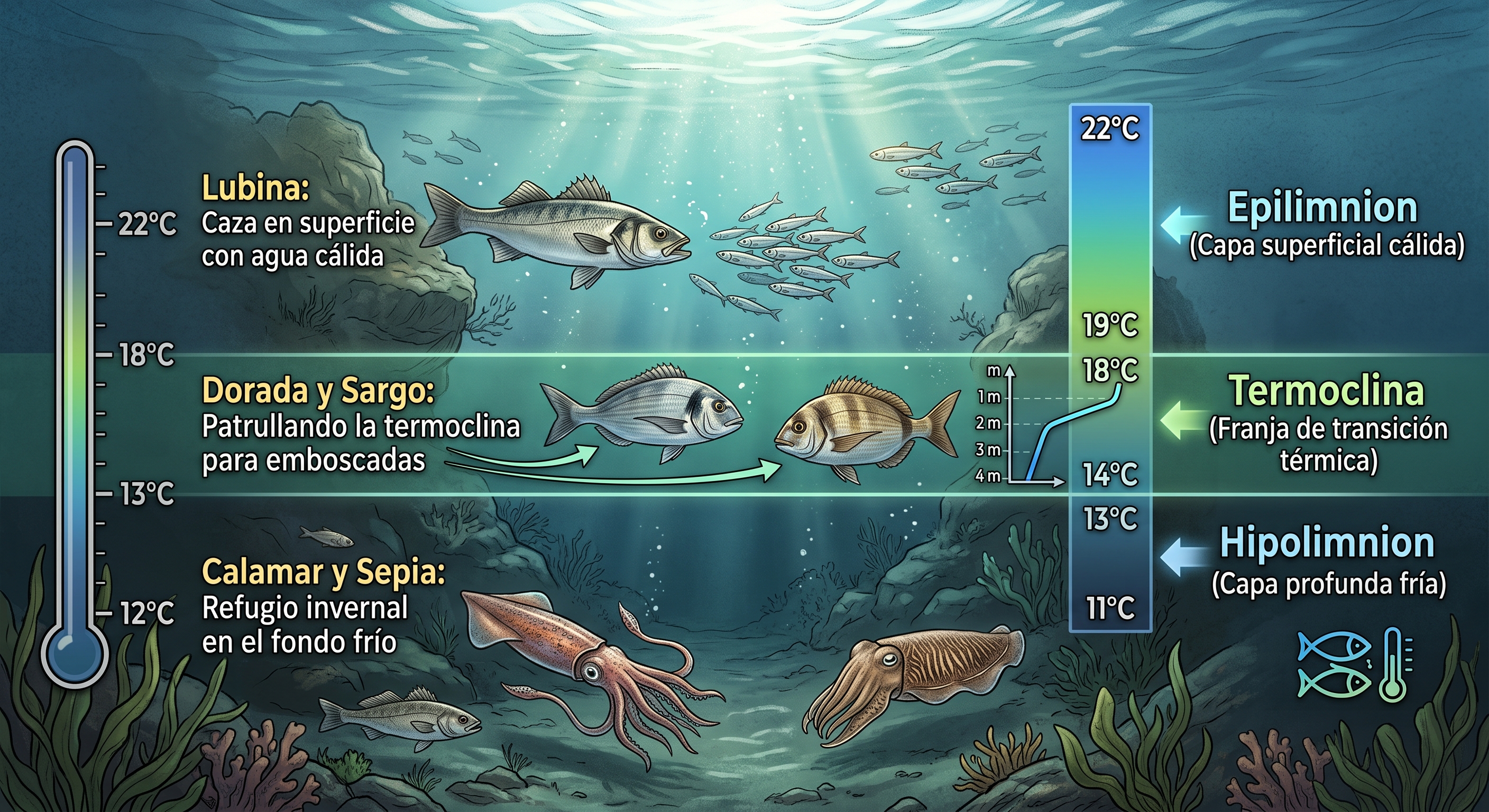 Temperatura del agua y termoclina: a qué profundidad comen los peces